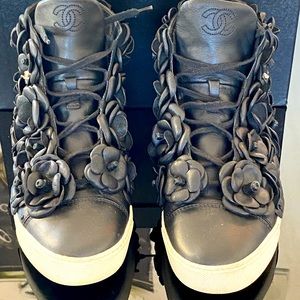 Chanel Black CC Camellia Leather High Top Sneakers